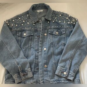 Forever 21 Blue Jean Jacket with Pearl Embellishments
